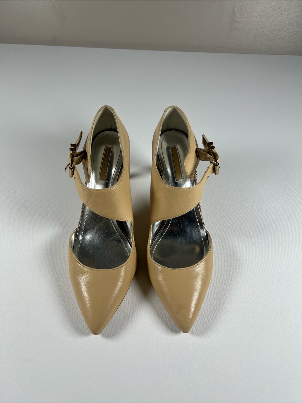 BCBGeneration Tan Pointed Mary Jane Heels with Buckle Strap